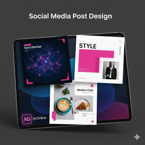 A modern tablet showcasing a collage of professional social media post designs for tech, fashion, and food brands, created by AvOnline